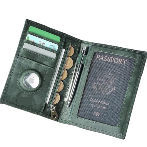 Leder Reisepass Brieftasche Karte Halter Geldbörse AirTag Slot Männer Reise Damen Abdeckung Tasche(Green) von MZYFDC