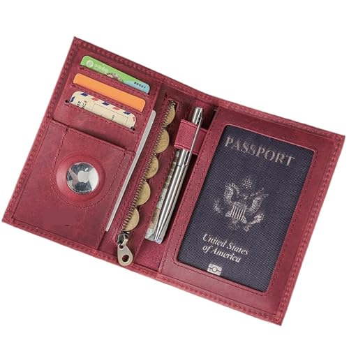Leder Reisepass Brieftasche Karte Halter Geldbörse AirTag Slot Männer Reise Damen Abdeckung Tasche(Wine Red) von MZYFDC
