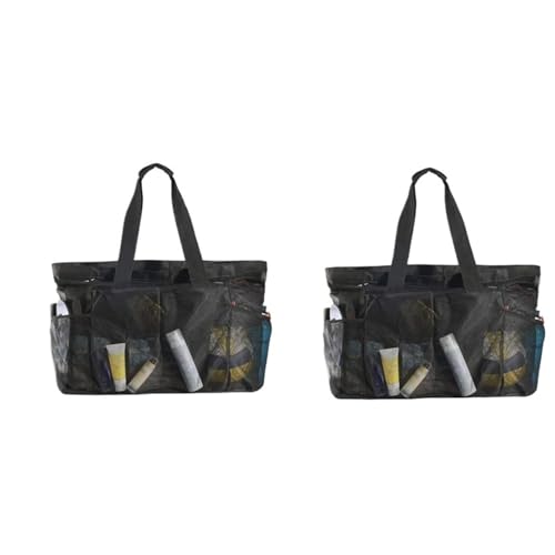 MZYFDC 1 Stück extra große Mesh-Strandtasche mit großem Fassungsvermögen, atmungsaktiv, mehrere Taschen, Aufbewahrung von Reisekleidung, Outdoor-Sporthandtasche(Black-2pcs) von MZYFDC