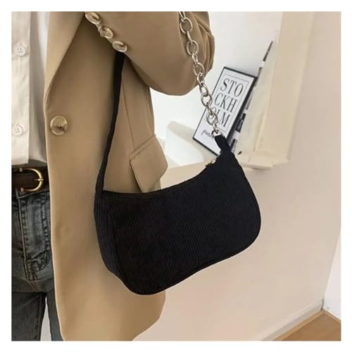 MZYFDC Frauen Handtaschen Cord Unterarm Tasche Casual Frauen Schulter Taschen Einfarbig Zipper Weibliche Handtasche Kupplung(Chain-Black) von MZYFDC