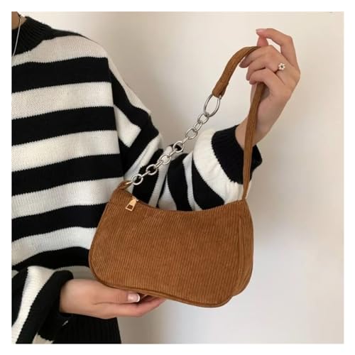 MZYFDC Frauen Handtaschen Cord Unterarm Tasche Casual Frauen Schulter Taschen Einfarbig Zipper Weibliche Handtasche Kupplung(Chain-Brown) von MZYFDC