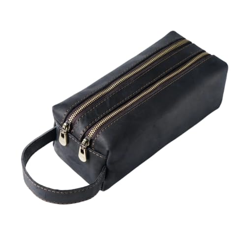 MZYFDC Stiftehalter aus Leder mit doppelter Reißverschlusstasche, handgefertigte Vintage-Stifte-Organizer-Tasche for Büro- und Schulschreibwaren(Black) von MZYFDC