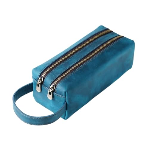 MZYFDC Stiftehalter aus Leder mit doppelter Reißverschlusstasche, handgefertigte Vintage-Stifte-Organizer-Tasche for Büro- und Schulschreibwaren(Blue) von MZYFDC
