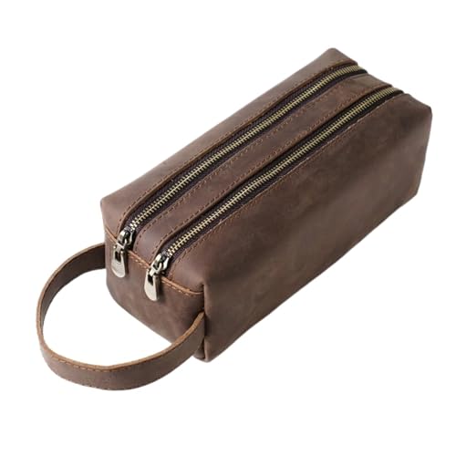 MZYFDC Stiftehalter aus Leder mit doppelter Reißverschlusstasche, handgefertigte Vintage-Stifte-Organizer-Tasche for Büro- und Schulschreibwaren(Coffee) von MZYFDC