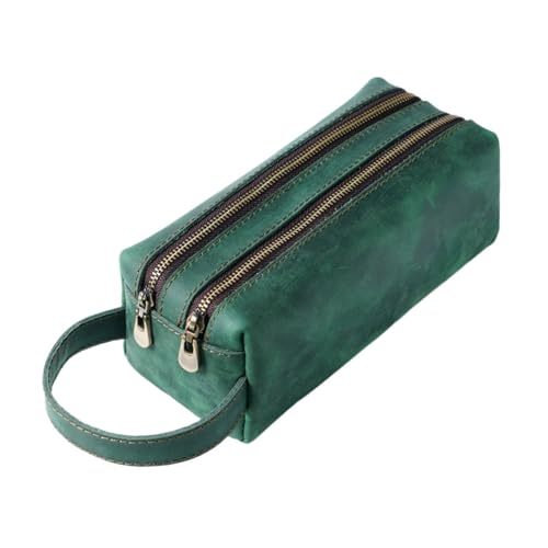 MZYFDC Stiftehalter aus Leder mit doppelter Reißverschlusstasche, handgefertigte Vintage-Stifte-Organizer-Tasche for Büro- und Schulschreibwaren(Green) von MZYFDC