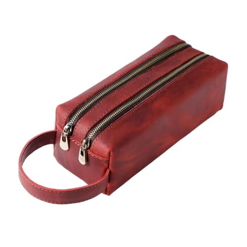 MZYFDC Stiftehalter aus Leder mit doppelter Reißverschlusstasche, handgefertigte Vintage-Stifte-Organizer-Tasche for Büro- und Schulschreibwaren(Red) von MZYFDC