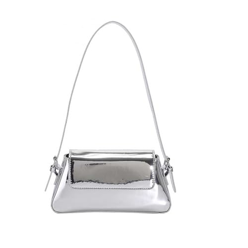 MZYFDC Umhängetasche for Damen, helle PU-Leder-Unterarmtasche, einfarbige Achseltasche, Hasp-Tasche mit Tragegriff(Silver) von MZYFDC