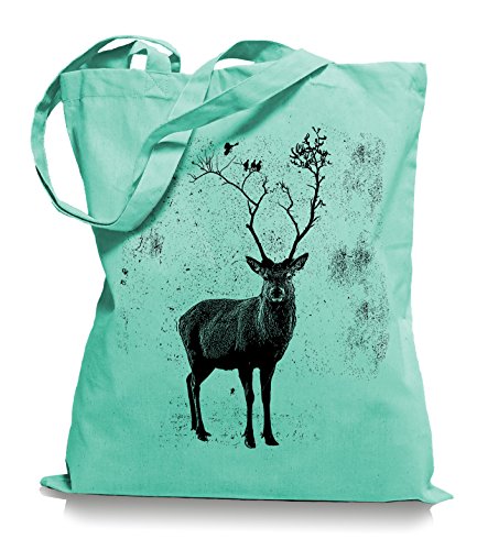 Deer Birds Tree Stoffbeutel | Hirsch Tragetasche Elch Vögel-mint von Ma2ca