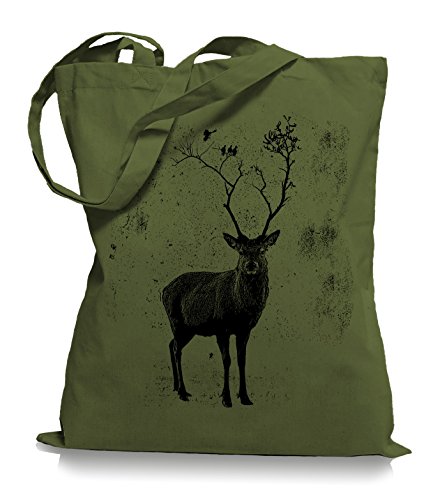 Ma2ca Deer Birds Tree Stoffbeutel | Hirsch Tragetasche Elch Vögel-olive_green von Ma2ca