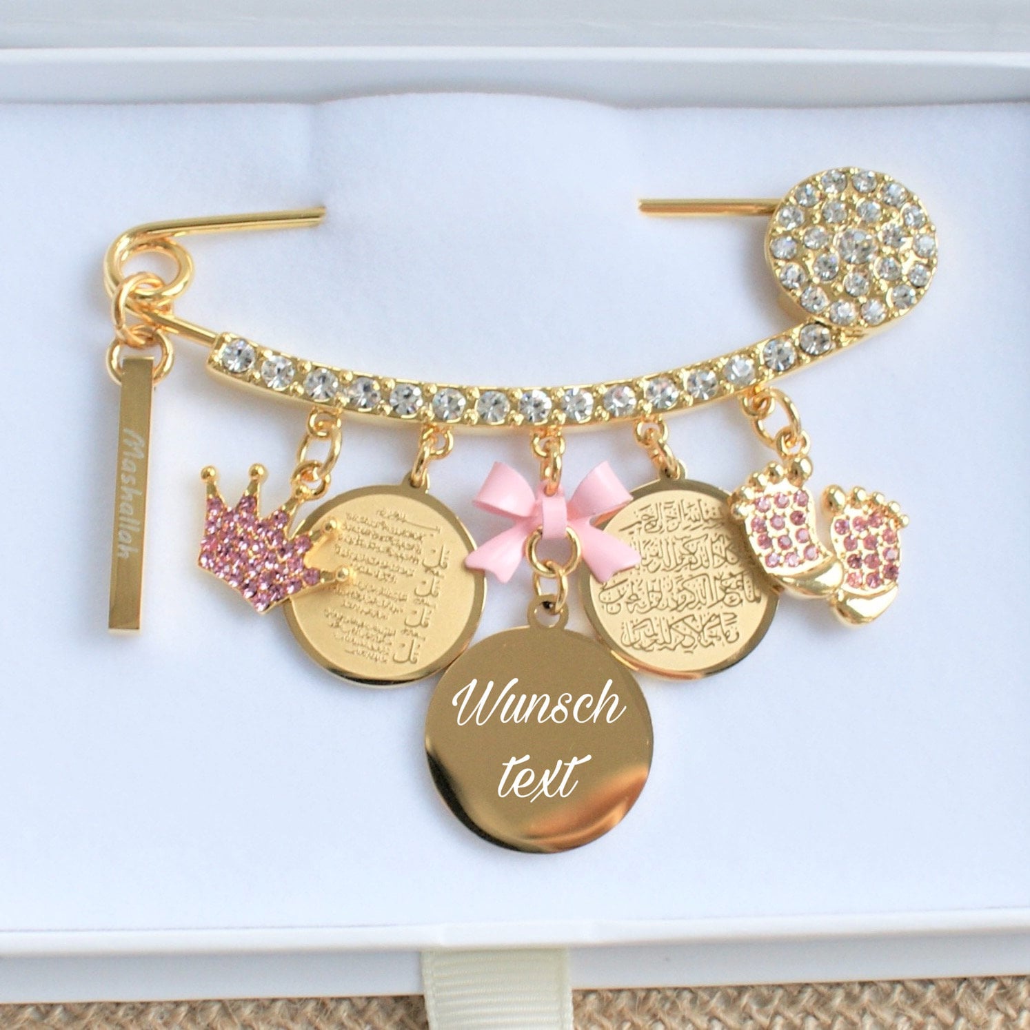 18K Gold Plated Pin Engraved With Text, Babypin, Anstecknadel, Mashallah, 4Qul , Van Yakad, Newborn Gift von MaBabyCH