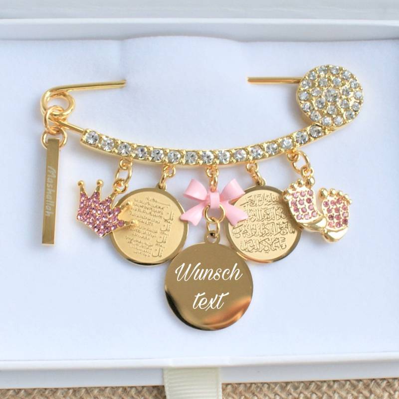 18K Gold Plated Pin Engraved With Text, Babypin, Anstecknadel, Mashallah, 4Qul , Van Yakad, Newborn Gift von MaBabyCH