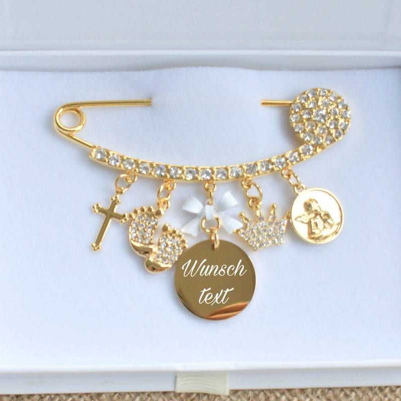 18K Gold Plated Pin Engraved With Text, Babypin, Anstecknadel, Newborn Gift, Baptism, Katholisch, Konfirmation, Kreuz, Christlich von MaBabyCH