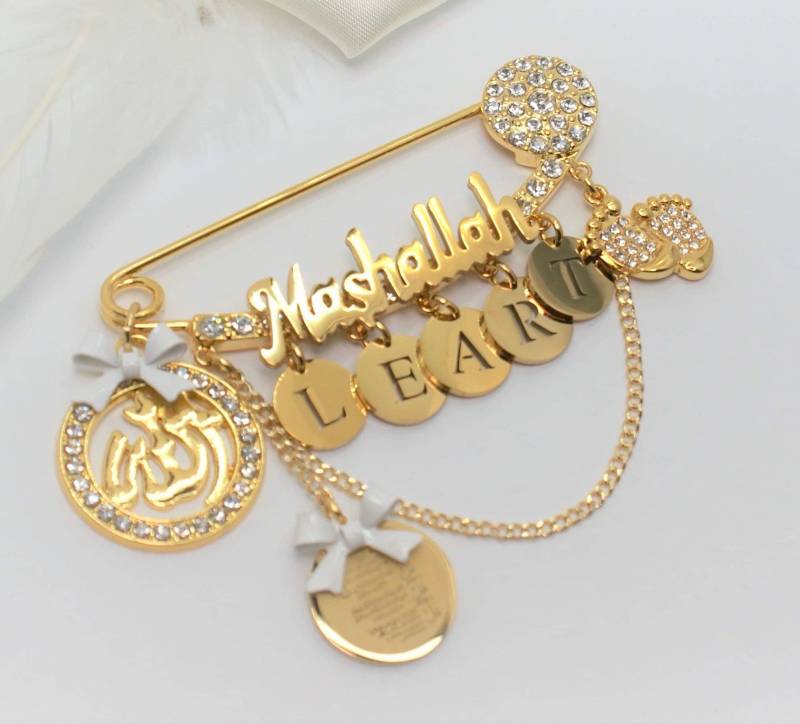 18K Gold Plated Stroller Pin Newborn Personalized Gift Baby Geburtsgeschenk Mashallah 4Qul Wan Yakad von MaBabyCH