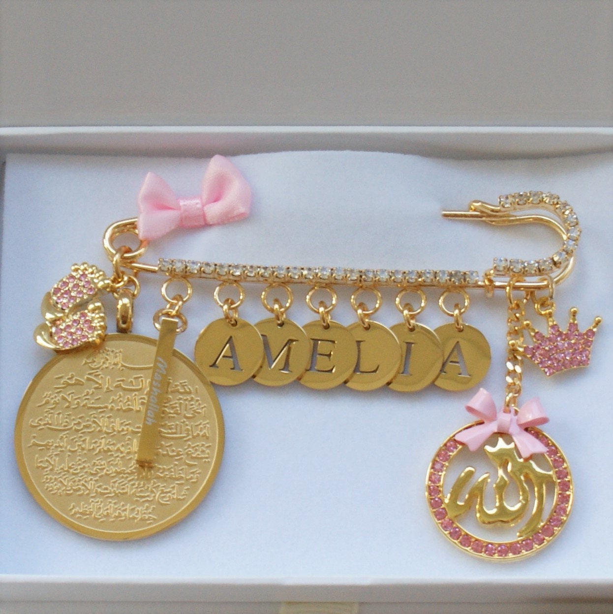 18K Gold Plated Stroller Pin Newborn Personalized Gift Baby Geburtsgeschenk Mashallah Ayatul Kursi Allah Muslim von MaBabyCH