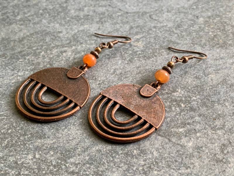Kupferohrringe Mit Orangenem Abakus, Bohoohrringe, Rustikale Ohrringe, Ohrringe Hängend von DieHangLage