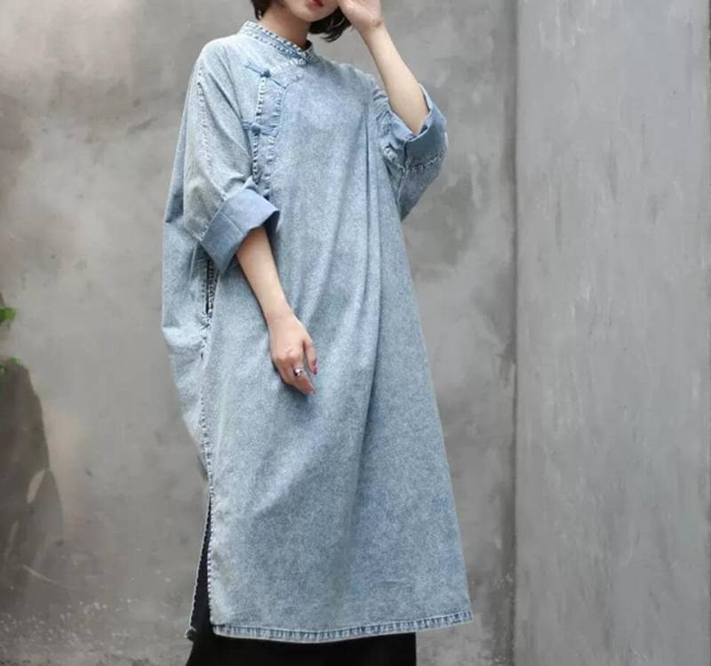 Lockere Baumwoll-Denim-Kleid/Frauen Frühling Herbst Midi-Kleid Mit Taschen von MaLieb