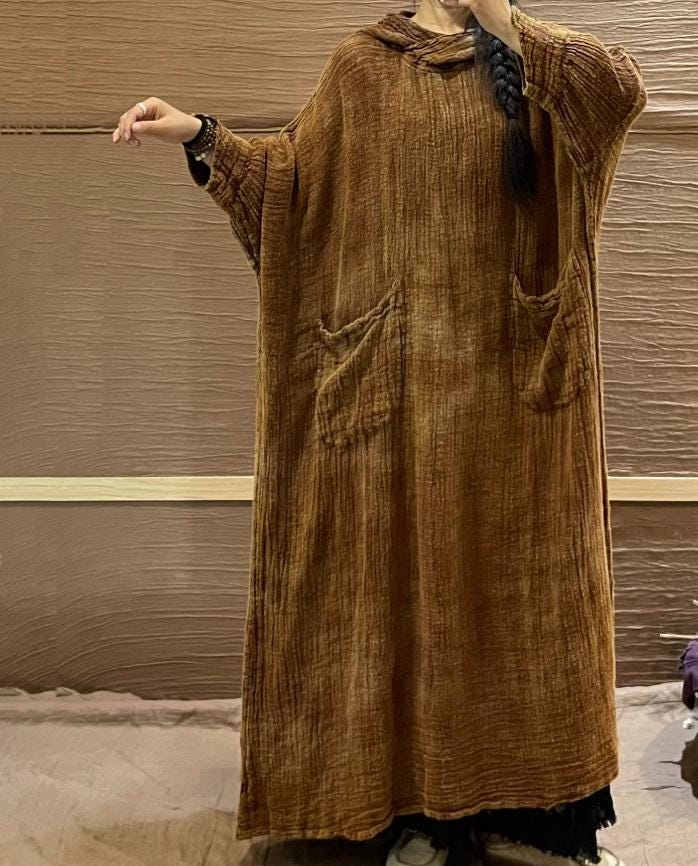 Damen Frühling Leinen Maxi Kleid/Kapuzenkleider Lockeres Mit Taschen von MaLieb