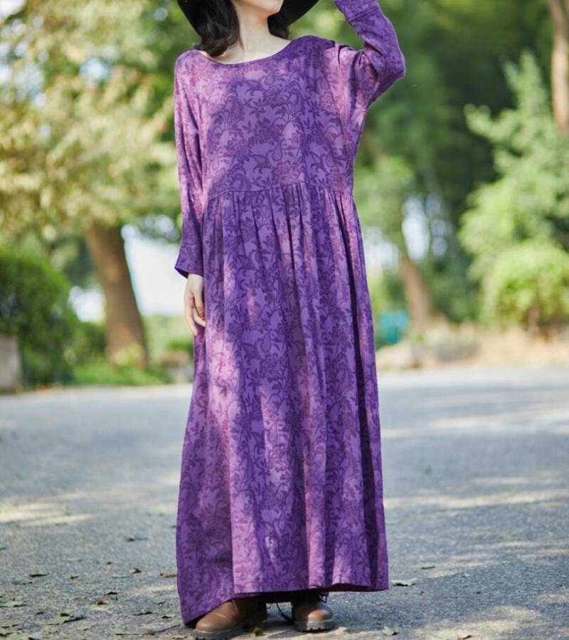 Lila Leinen Maxi Kleid/Frauen Langarm Herbst Cocktailkleid von MaLieb