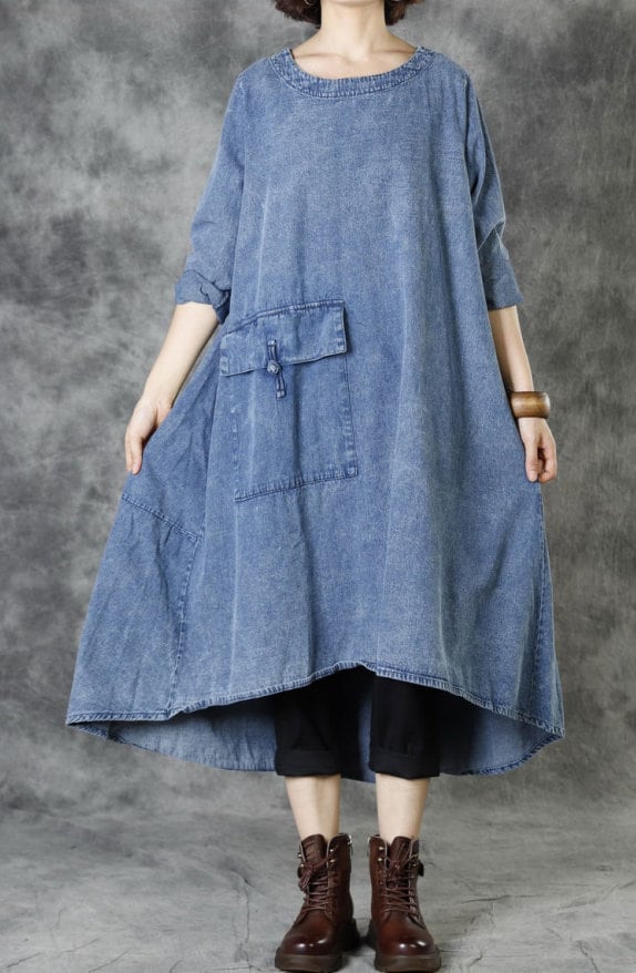 Frauen Frühling Herbst Kleider/Baumwolle Denim Midi Kleid Im Retro-stil von MaLieb
