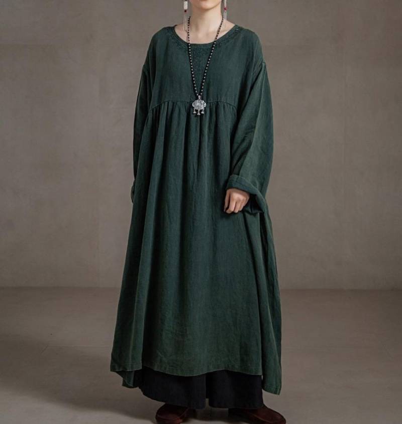 Damen Dunkelgraues Leinenkleid/Langes Lässiges Kleid Mit Taschen von MaLieb