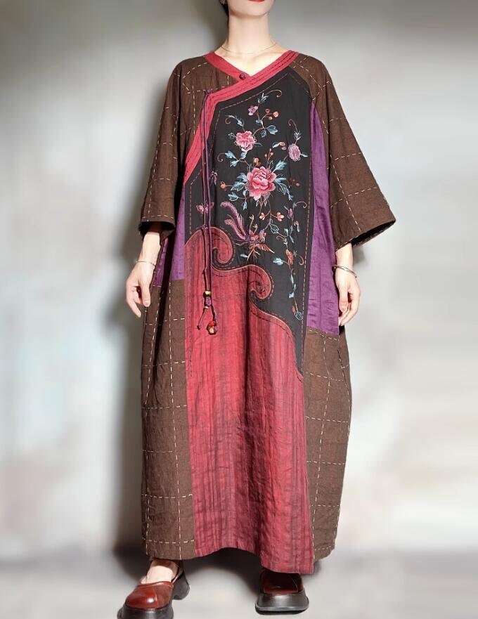 Frauen Lockeres Langes Kleid/Kaffee Farbe Leinen Maxi Retro Robe Mit V-Ausschnitt von MaLieb