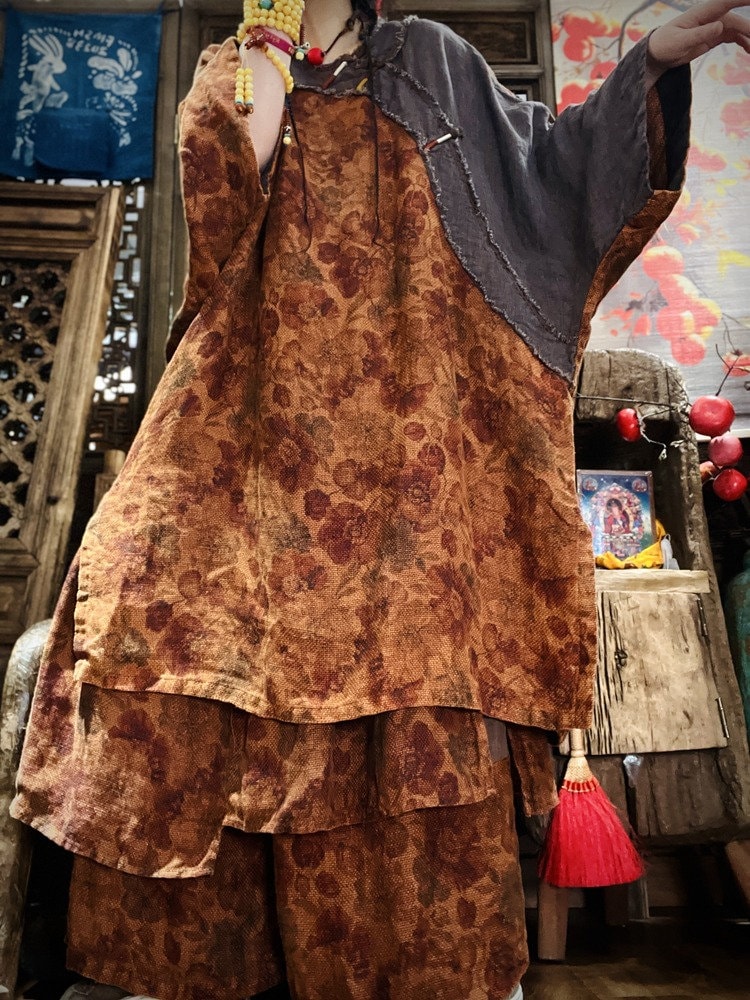 Frauen Long Shirt Floral Leinen Oversized Bluseretro Frühling Herbst Top von MaLieb