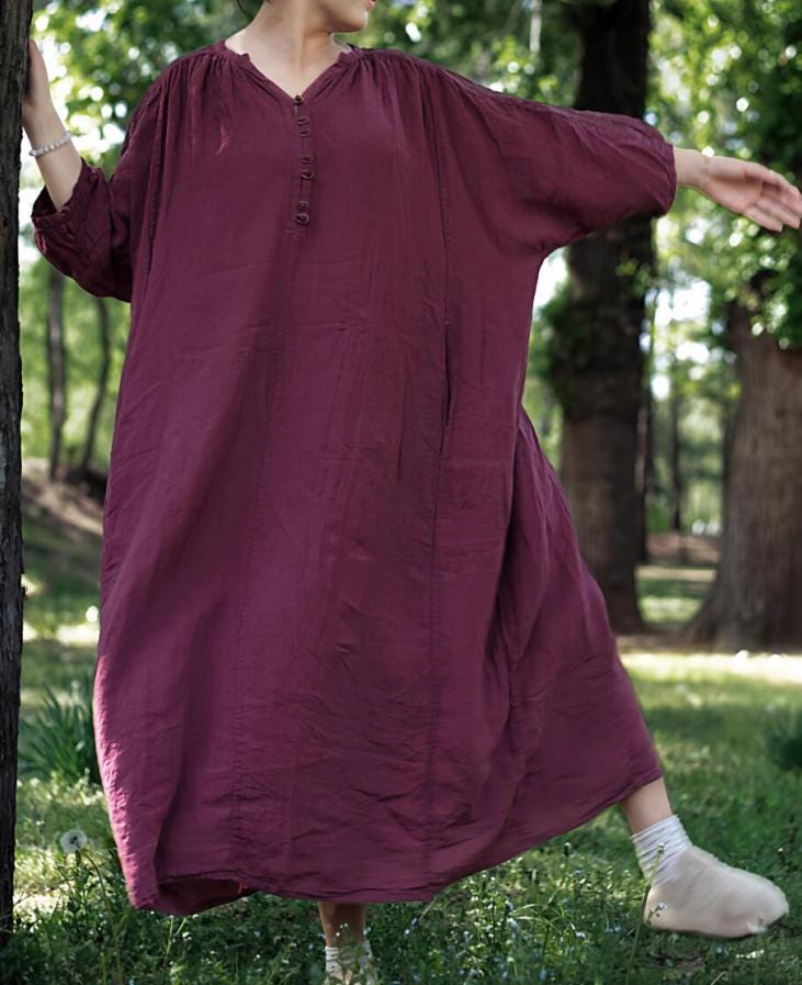 Frauen Loose Fit Kleid Mit V-Kragen/Langes Leinenkleid Taschen von MaLieb