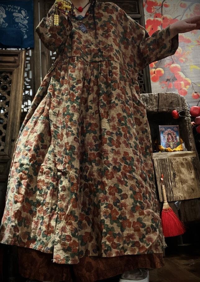 Locker Geschnittenes Damenkleid, Langes Leinenkleid, Florales Frühlings-Sommerkleid Für Frauen, Kleider Mit Taschen, Kleid V-Kragen von MaLieb