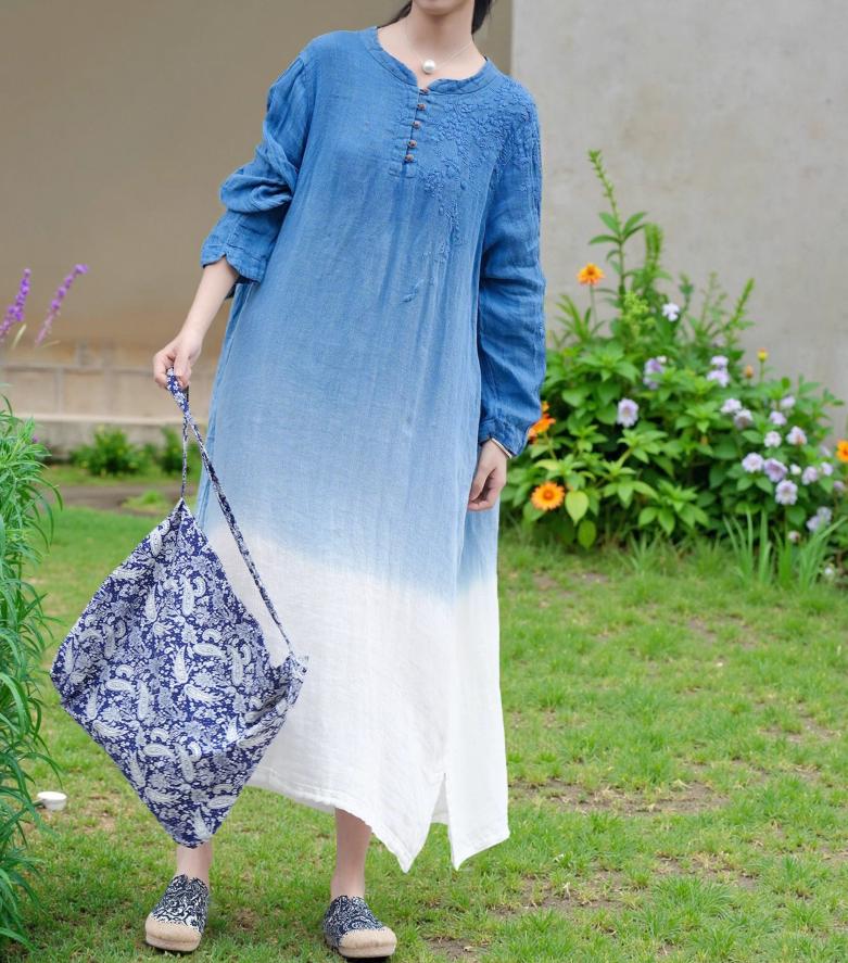 Frauen Loose Fit Leinen Kleid Mit Taschen/Retro Blau Herbst von MaLieb