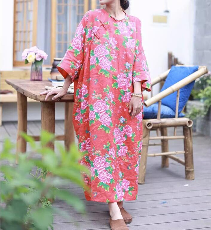 Frauen Rotes Leinen Blumenkleid Mit Taschen/Lockeres Boho Sommerkleid von MaLieb