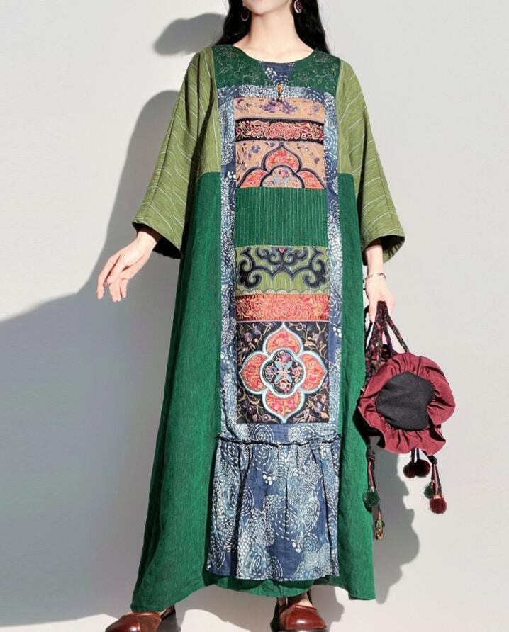 Grünes Maxi Leinenkleid/ Loose Fit Retro 3/4 Ärmel Kleid von MaLieb