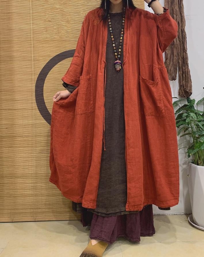 Leinen Dünn Maxi Mantel/Frauen Frühling Herbst Lace-Up Windbreaker Mit Taschen von MaLieb