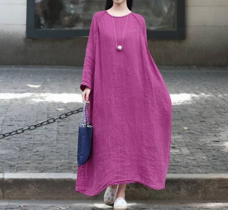 Lila Leinen Maxi Kleid/Frauen Herbst Loose Fit Langes Mit Taschen von MaLieb