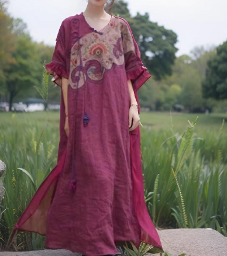 Lila Rotes Sommer Langes Leinenkleid/Retro Lockeres Kleid Für Frauen von MaLieb