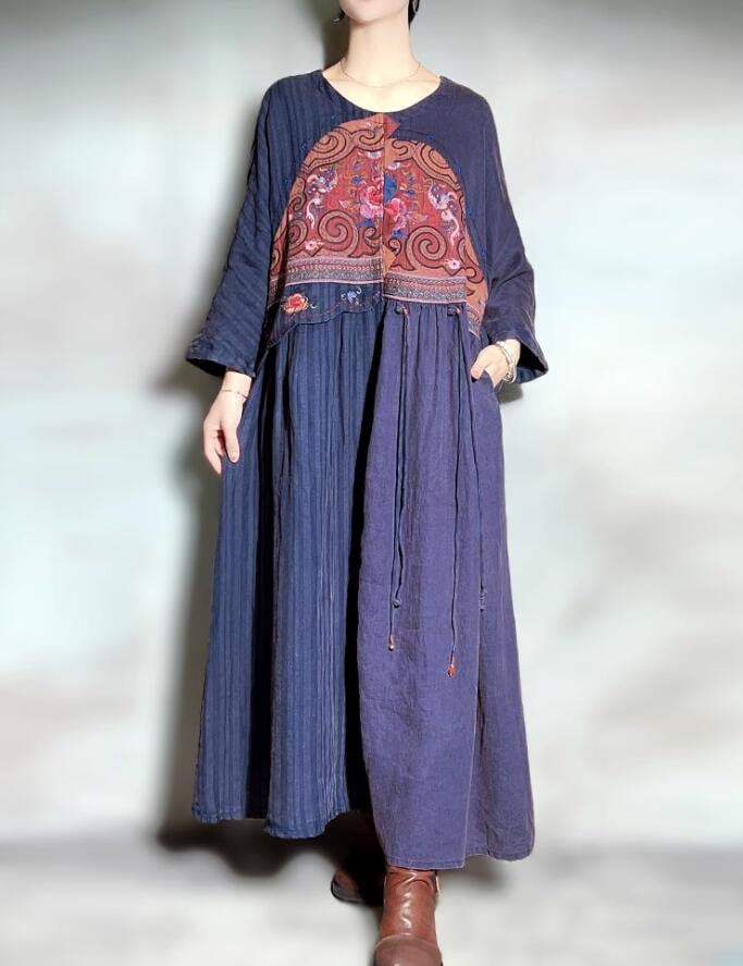 Lockeres Frauen Leinen Maxi Kleid/Marineblaues Im Retro-stil Mit Taschen von MaLieb