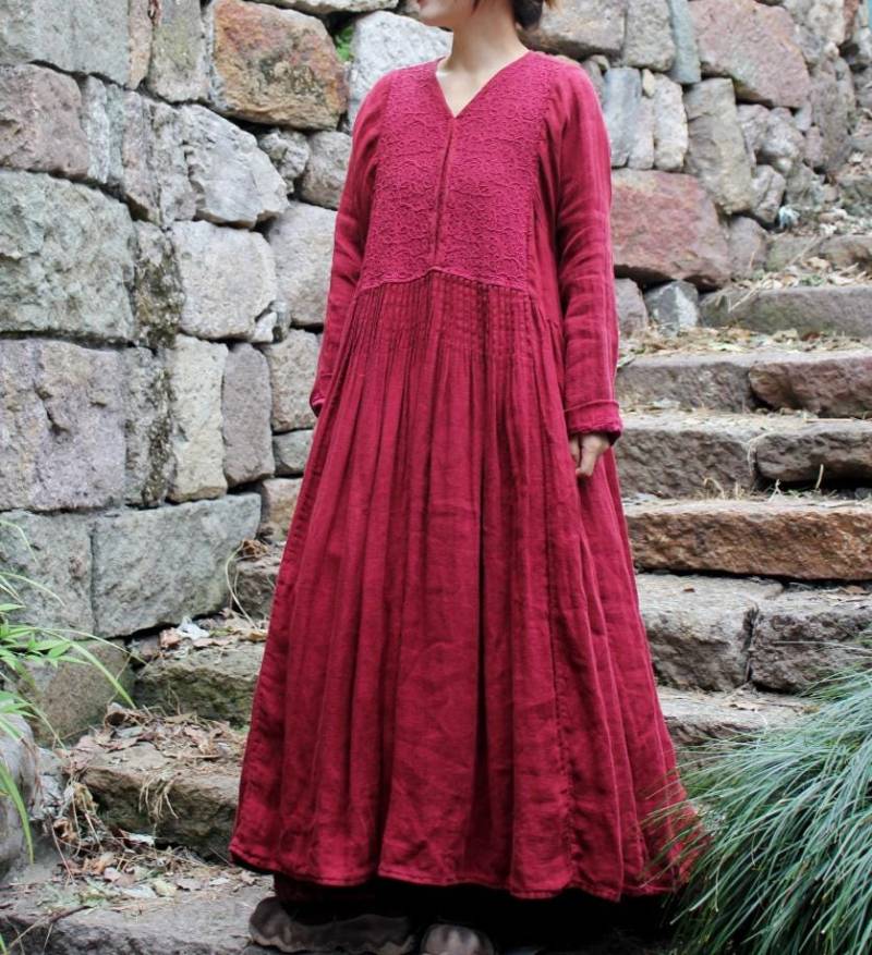 Rotes Maxi Kleid Vintage Leinen Kaftan Mit Taschen von MaLieb