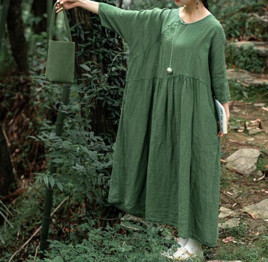 Grünes Leinenkleid, Frauen Loose Fit Lange Kleider, Kleider Für Frauen, Sommer Frau Kleid Mit Tasche, Langes Rotes Leinenkleid von MaLieb