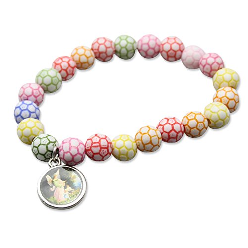 MaMeMi KINDER-ARMBAND mit SCHUTZENGELANHÄNGER und BUNTEN PERLEN [Ø ca. 6 cm] – religiöser SCHMUCK zur TAUFE, KOMMUNION oder EINSCHULUNG – christliches Kinderarmband von MaMeMi