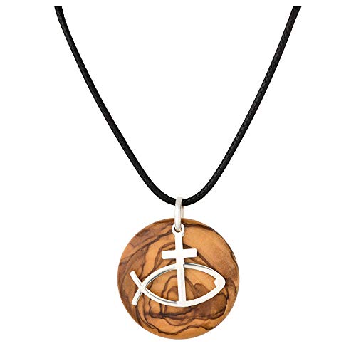MaMeMi CHRISTLICHE HALSKETTE 925 STERLING SILBER & OLIVENHOLZ – Ø 3 cm – Kreuz & Ichthys – Geschenk zur KOMMUNION, KONFIRMATION, FIRMUNG – Handgefertigt in Bethlehem – Inkl. Organzabeutel von MaMeMi