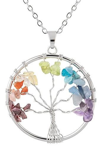 Wunderschöne Lebensbaum - Kette/Schmuck mit Chakra-Steinen. Farbenfroh und modern. Ø 4 cm, Kette 60 cm. Ideales Kommuniongeschenk/Konfirmationsgeschenk für Mädchen von MaMeMi