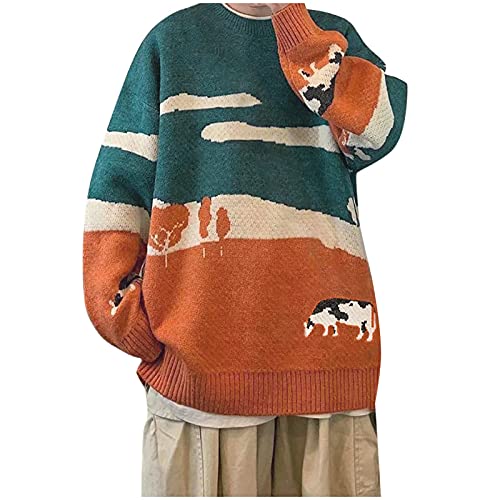MaNMaNing Cow Pullover für Männer Frauen, Paar Vintage Gestrickte Pullover Übergröße Rundneck Pullover Jumper Harajuku Tops (M, Orange) von MaNMaNing