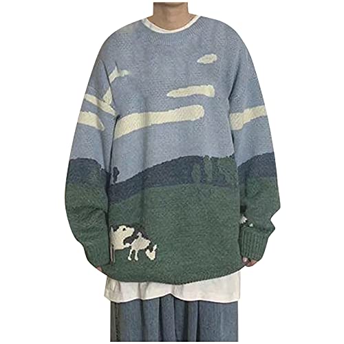MaNMaNing Cow Pullover für Männer Frauen, Paar Vintage Gestrickte Pullover Übergröße Rundneck Pullover Jumper Harajuku Tops (XL, Grau) von MaNMaNing