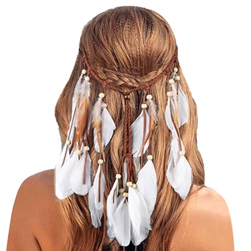 MaNMaNing Frauen Feder Stirnband Boho Hippie Kopfschmuck Kopfschmuck American Style Festival Party Haar Cosplay Partys Kostüm (White, One Size) von MaNMaNing