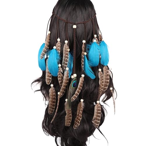 MaNMaNing Frauen Feder Stirnband Boho Hippie Kopfschmuck Kopfschmuck American Style Festival Party Haar Für Karneval (Blue, One Size) von MaNMaNing