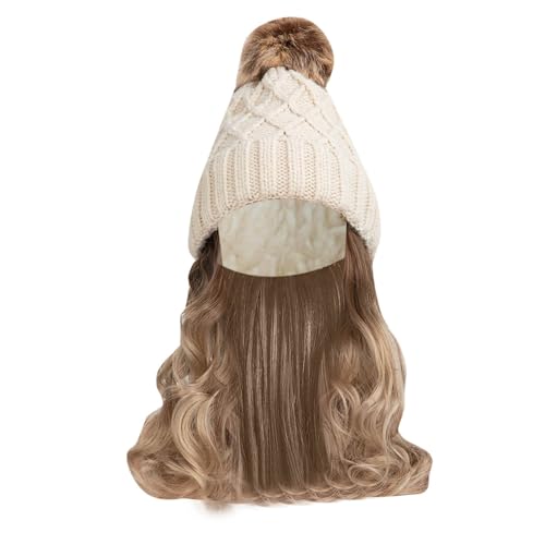 MaNMaNing Hut Perücke Hut mit Haaren lange gewellte Haarverlängerungen Strickmütze synthetisches Haarteil für Frauen Wintermütze Haarverlängerung langes gewelltes synthetisches Haarteil (B, One Size) von MaNMaNing