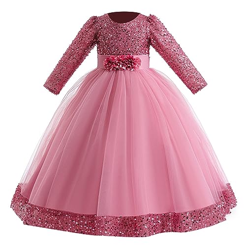 MaNMaNing Kinder Kleinkind Mädchen Weihnachten Langarm Druck Tüll Stickerei Spitze Rüschen Party Abendkleid Hochzeitskleid Prinzessin Kleid (Pink, 16-17 Years) von MaNMaNing