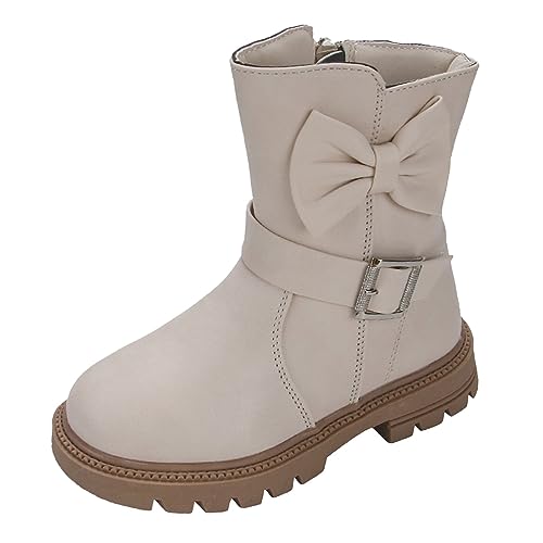 MaNMaNing Kinderschuhe mit dicken Absätzen und weichen Sohlen, mittellange Stiefel für große Kinder, Schleife, Lederstiefel, mittellange warme Stiefel von MaNMaNing