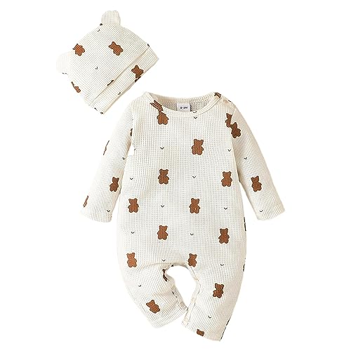 MaNMaNing Kleinkind Jungen Mädchen Langarm Cartoon Bär Drucke Strampler Neugeborenen Bodys Overall Outwear Mit Hut Outfits (Beige, 3-6 Months) von MaNMaNing