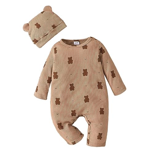 MaNMaNing Kleinkind Jungen Mädchen Langarm Cartoon Bär Drucke Strampler Neugeborenen Bodys Overall Outwear Mit Hut Outfits (Brown, 9-12 Months) von MaNMaNing
