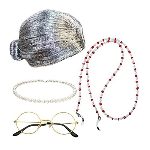 Oma Perücke Oma Cosplay Perücke Oma Damen Kostüm Oma Perücke Brille Kette Brille Perlenkette (4 Stück) MaNMaNing (Silver, One Size) von MaNMaNing
